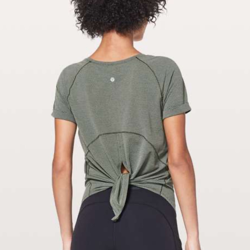 Lululemon Open Up Tie Back Tee in Dark Olive